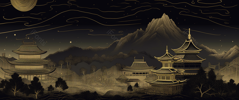 黑金质感国潮风在山边上的古建筑高塔手绘横板壁纸,插画/手绘图,插画/手绘图库,插画/手绘图下载,插画/手绘